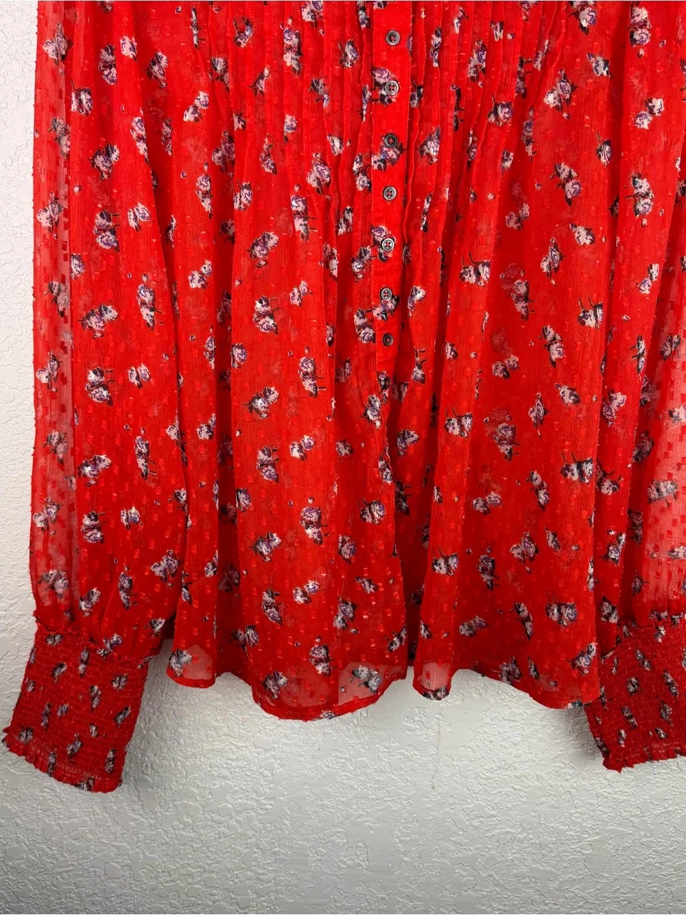 Free People | Orange Red Flowers In December Pintuck Button Sheer Blouse